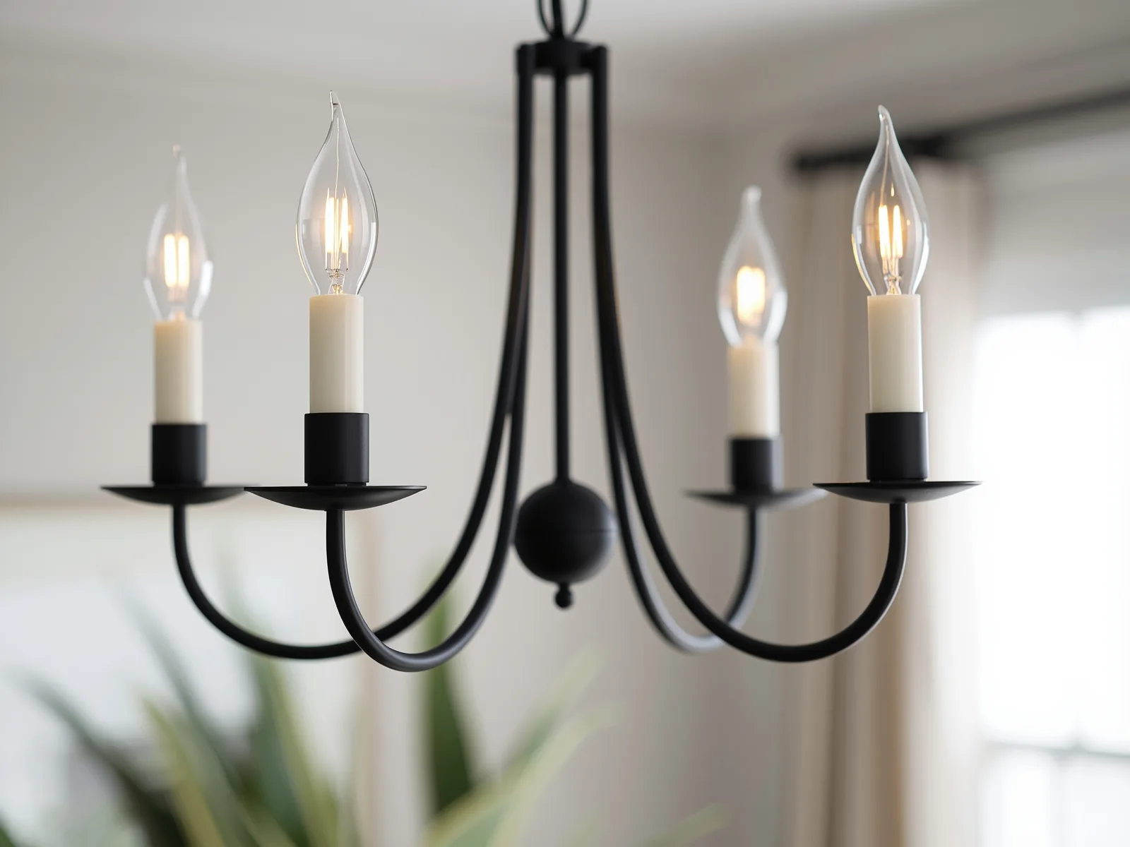 Close-up of black candle-style chandelier arms with faux candle sleeves and warm bulbs