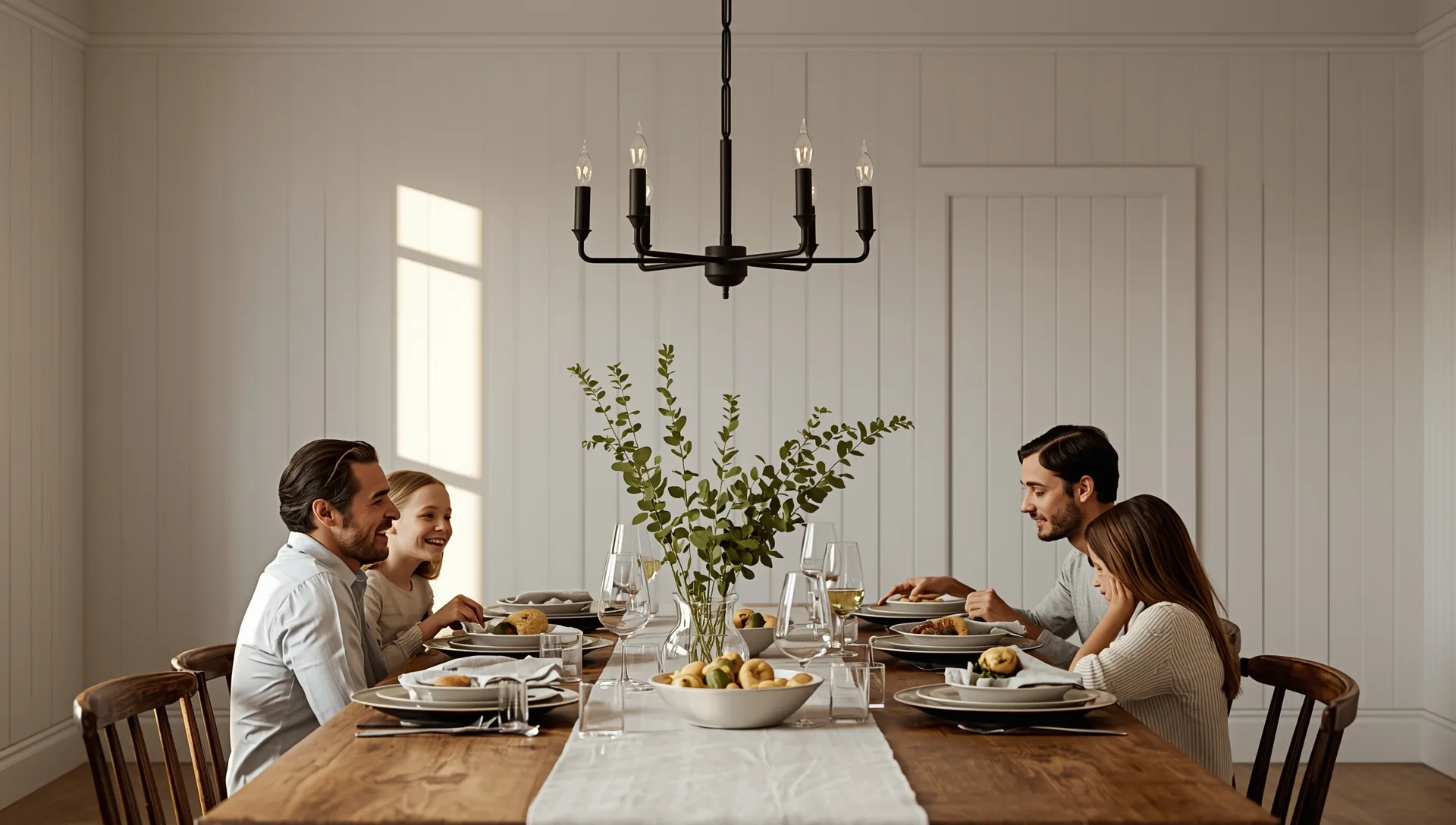 Family at dinner beneath a black five-light candle-style chandelier over a farmhouse table