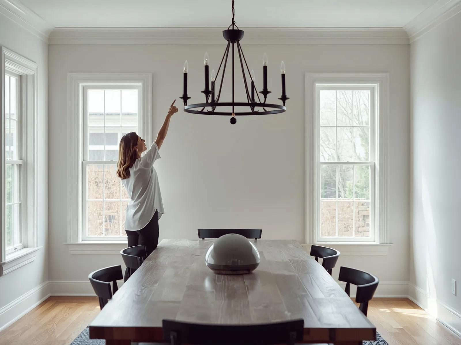 Couple admiring a candle-style chandelier hung in proportion above their farmhouse table