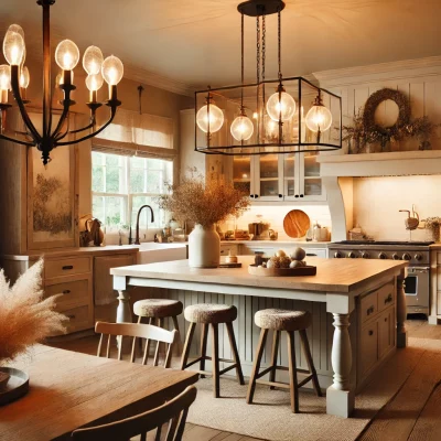 A cozy farmhouse kitchen with soft, ambient lighting from a farmhouse chandelier and rustic pendant lights. The room features a blend of modern and fa