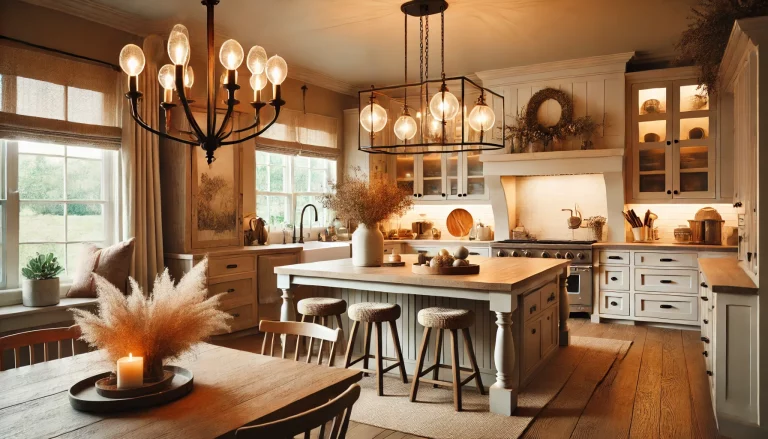 A Cozy Farmhouse Kitchen With Soft, Ambient Lighting From A Farmhouse Chandelier And Rustic Pendant Lights. The Room Features A Blend Of Modern And Fa