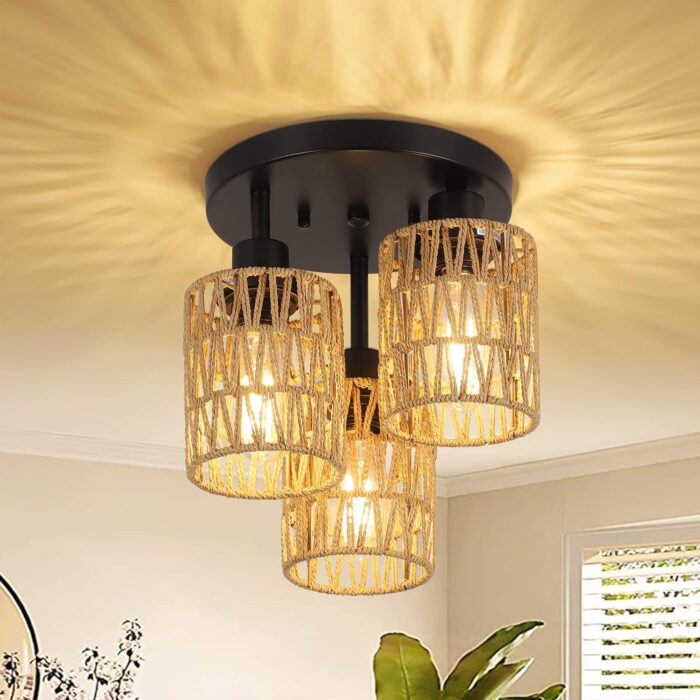 Seeded Glass Shade Woven Rattan Chandelier Fixture